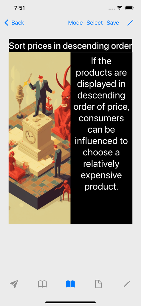 Psychology: Behavioral Pricing - Una pagina dall'app Prezzi Comportamentali che spiega l'impatto psicologico dell'ordinamento dei prezzi in ordine decrescente
