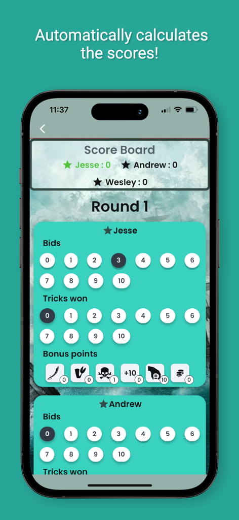 Skull King Scorecard - Skull King Scorecard app interface for tracking bids and tricks