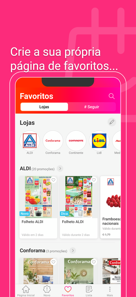 Folhetos Promocionais Portugal - Affichage de l'interface de la page des favoris dans l'application Folhetos Promocionais Portugal montrant les prospectus de vente enregistrés