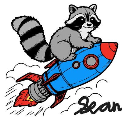 realistic raccoon flying on top rocket ship