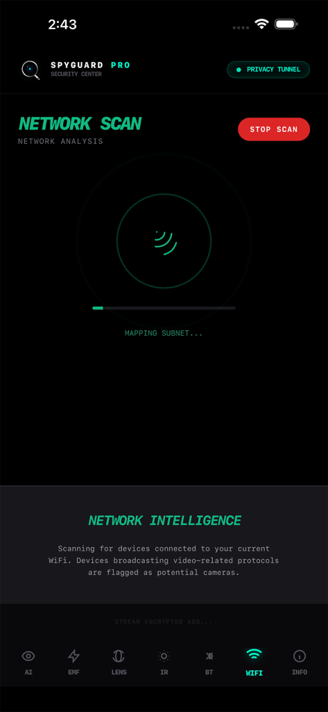 Hidden Camera Detector AI - WiFi network scanning interface of the Hidden Camera Detector AI app identifying potential surveillance devices.
