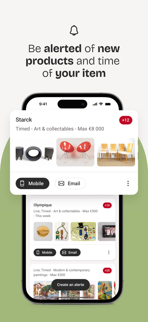 Personalized auction alerts for designer furniture and collectibles on the Interencheres mobile app