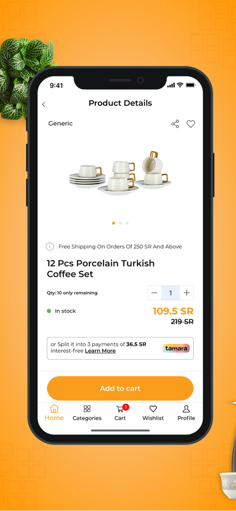 Product details page of the Nice Stores app showing a 12-piece porcelain Turkish coffee set with pricing and an add to cart button.
