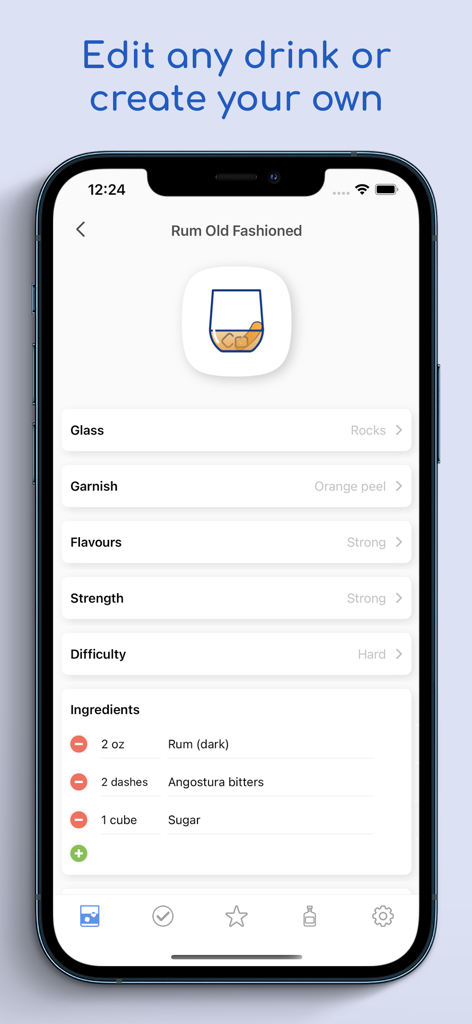 Mobile app screen showing the customization of a Rum Old Fashioned cocktail recipe including ingredients and glass type
