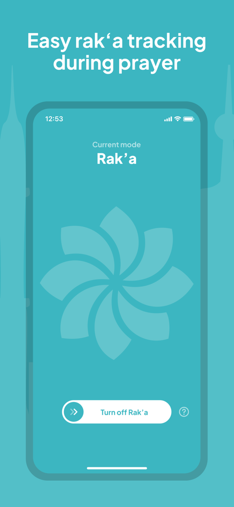 Niya Muslim prayer tracker app screen for Rak'a tracking during prayer with a teal theme