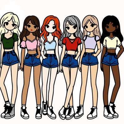 a group of girls wearing crop tops and shorts