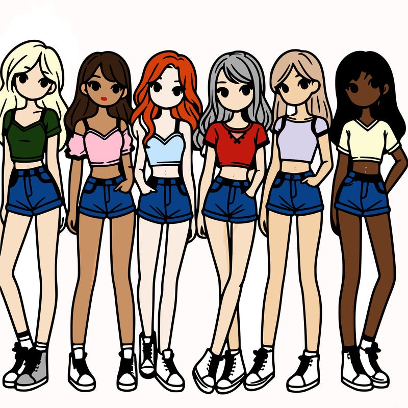 a group of girls wearing crop tops and shorts