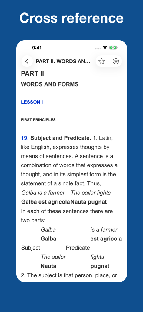 Latin for Beginners - Grammar lesson in the Latin for Beginners app explaining subject and predicate with sentence examples