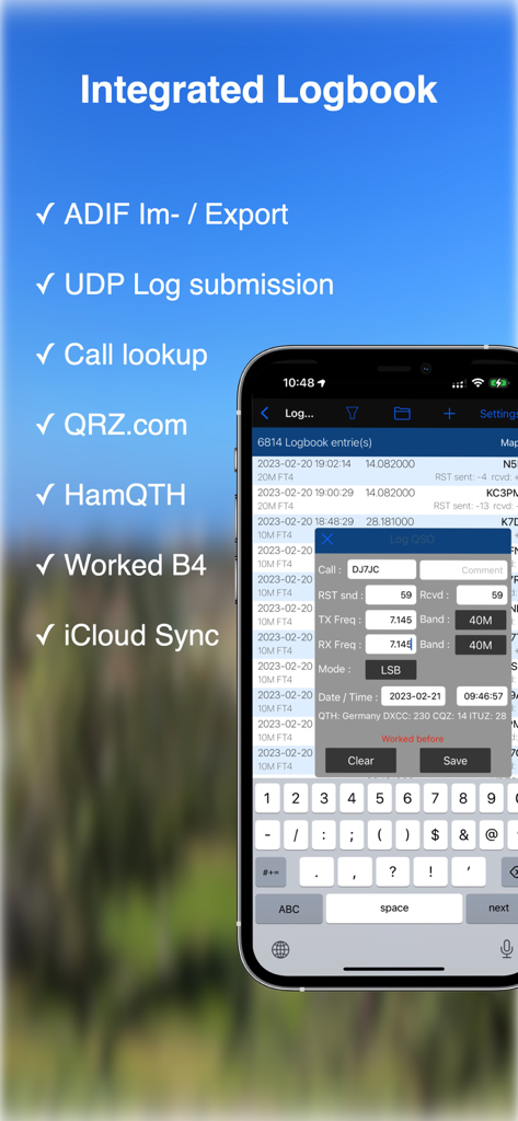 SDR-Control Mobile - Integrated logbook screen on iPhone for tracking ham radio contacts with SDR-Control Mobile