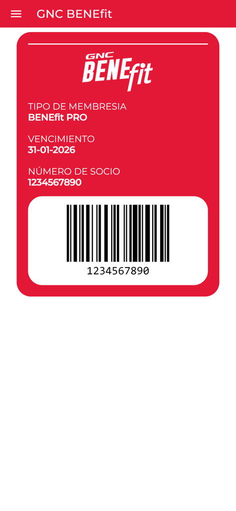 Digital loyalty card for GNC BENEfit showing membership details and barcode