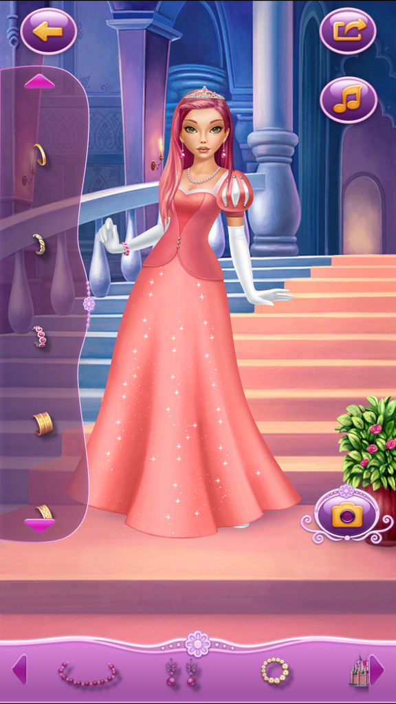 Dress Up Princess Anne - Princess Anne wearing a pink dress and crown in a castle setting with fashion menus