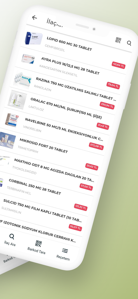 İlaç Fiyatı - Interface of the Ilac Fiyati app showing a searchable list of medications with prices in Turkish Lira