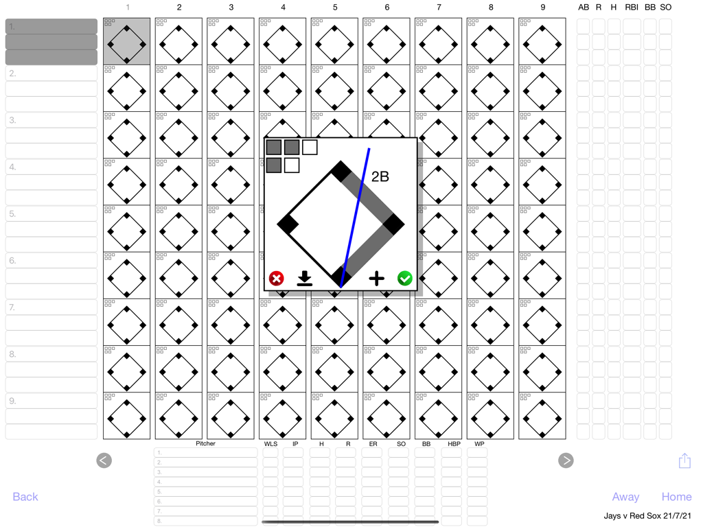 Scorecards - Digital baseball scorecard interface on iPad showing a scoring grid and hit detail