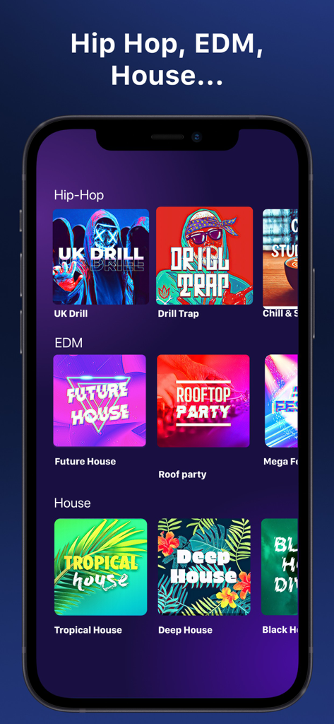 Beat Looper Pro - Music Maker - Smartphone screen showing the Beat Looper Pro music genre selection menu with Hip Hop EDM and House sound packs
