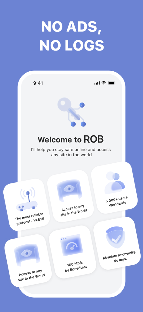Rob VPN: Proxy master - A promotional screen for Rob VPN highlighting features like no ads, no logs, high-speed connection, and global access.
