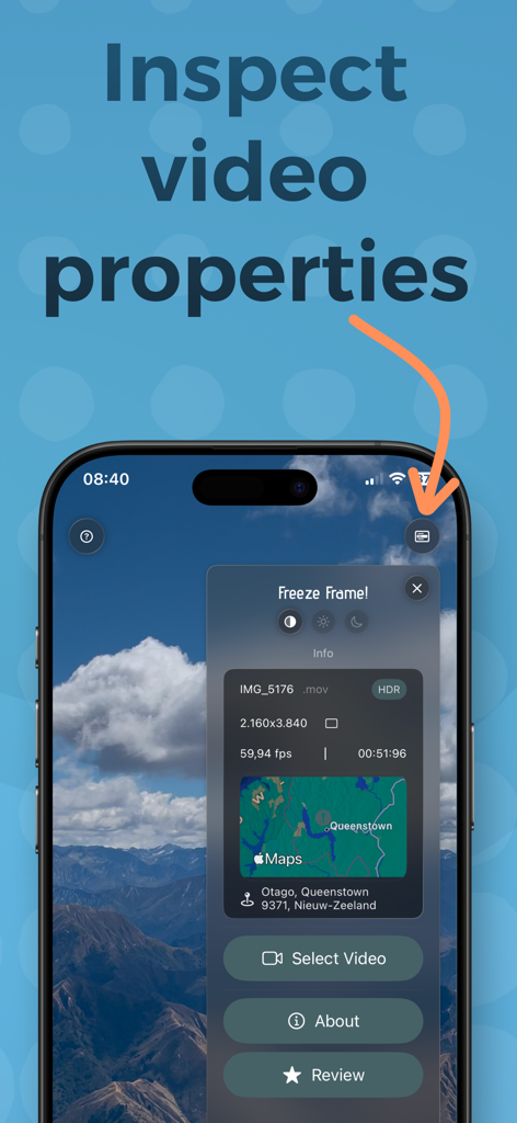 Freeze Frame! - Screenshot of Freeze Frame app showing detailed video metadata including HDR resolution, frame rate, and a map with GPS location
