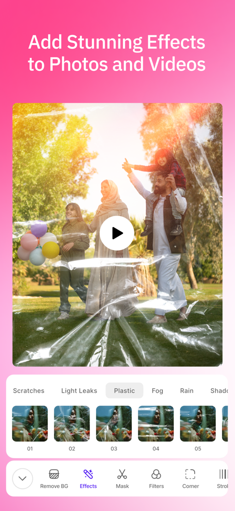 Nahr: AI Design & Photo Editor - Interface of Nahr app showing plastic wrap overlay effect applied to a family photo.