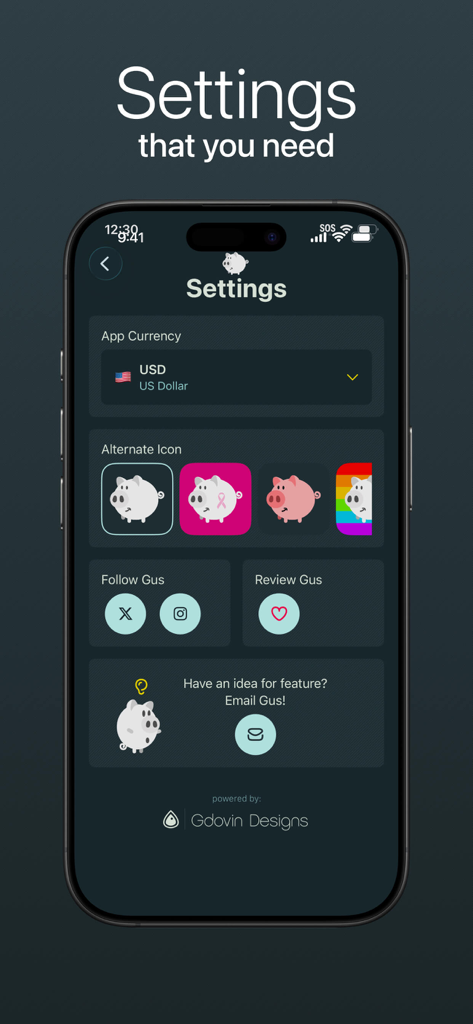owed + - Menu delle impostazioni dell'app Owed plus con opzioni per la selezione della valuta e icone personalizzate del salvadanaio
