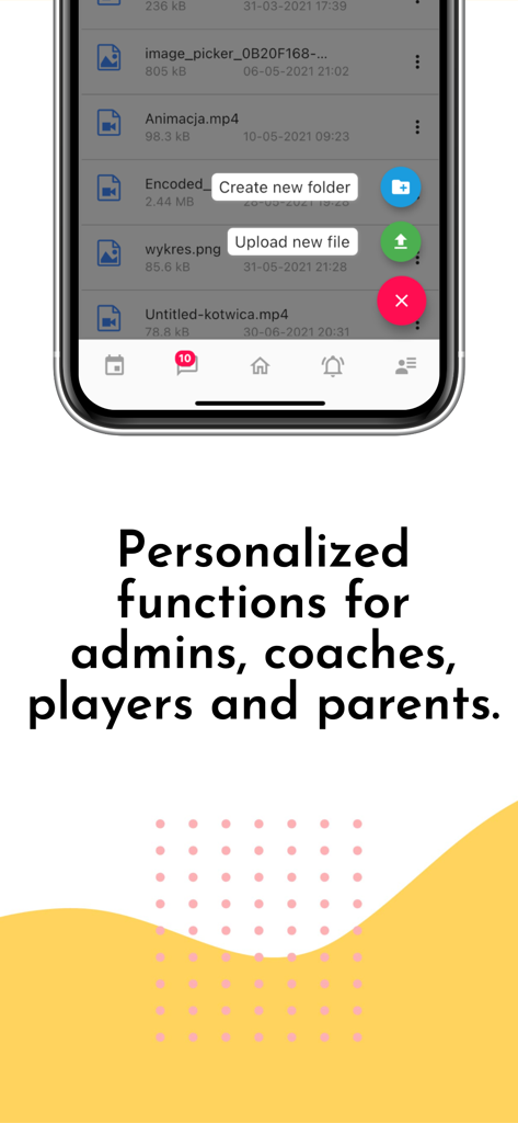 Interface mobile ProTrainUp montrant des options de téléchargement de fichiers et de création de dossiers pour la gestion d'académies sportives.