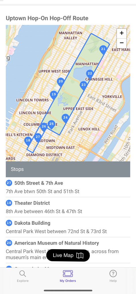 TopView Sightseeing - A map of the Uptown Hop-On Hop-Off route in New York City showing bus stops and landmarks