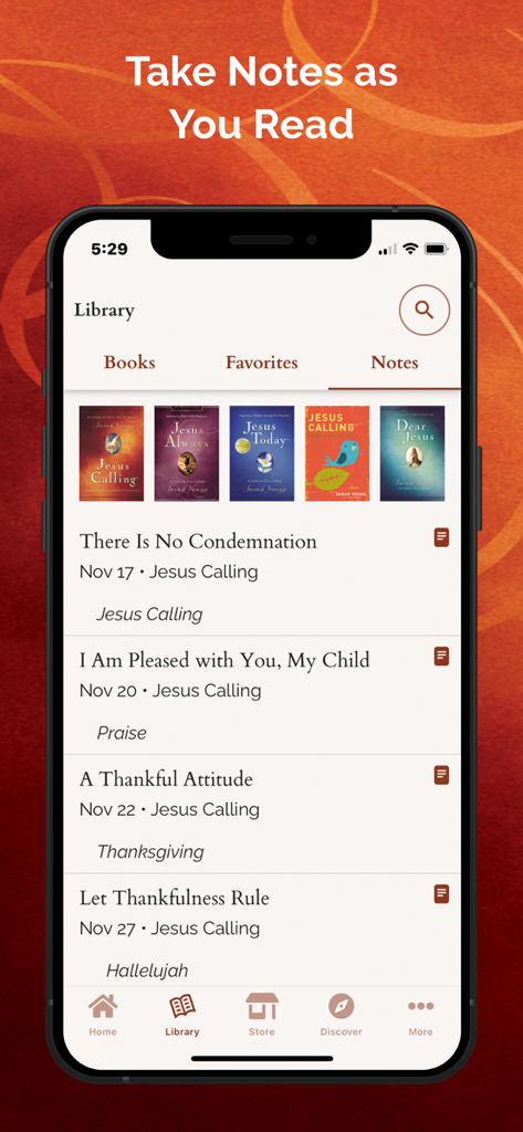 Interface of the Jesus Calling app showing a list of personal notes taken during daily readings