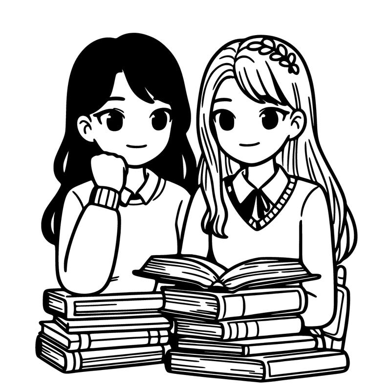 two teen girls reading lots of books