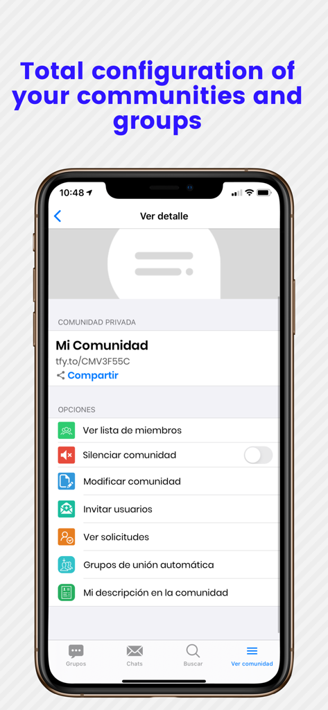 Tellfy - Pantalla de la aplicación Tellfy para la configuración y gestión de la comunidad.