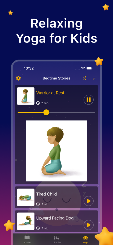 전사 자세 휴식 및 졸린 아이와 같은 어린이 이완 요가 운동을 보여주는 Bedtime Stories for Kids 앱의 인터페이스