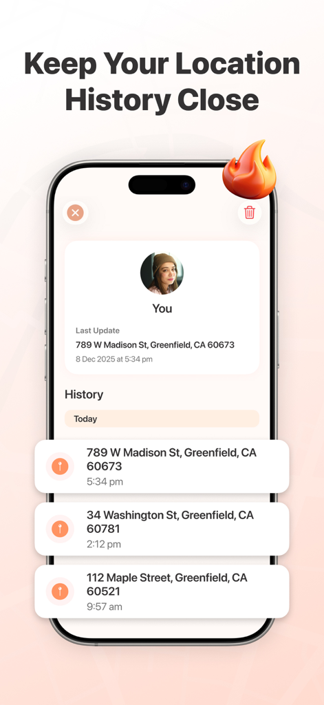 Location, Steps Tracker: Movia - Painel do aplicativo Movia no iPhone mostrando uma lista cronológica de locais e endereços visitados.