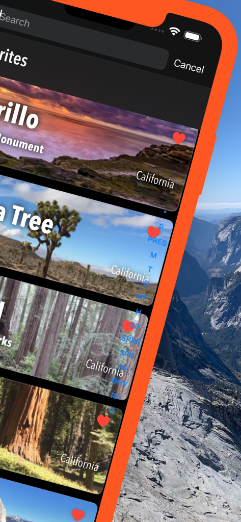 캘리포니아 포켓 지도 앱 인터페이스가 설명 이미지와 함께 즐겨찾는 공원 및 기념물 목록을 표시합니다.