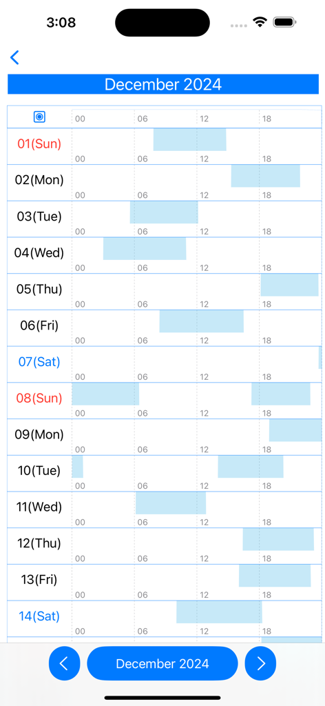 毎日の睡眠と起床パターンを示す月間睡眠リズムチャート。