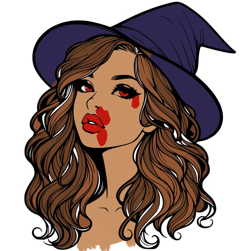 realistic witch girl with wavy hair and lips