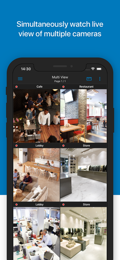 DS cam app displaying a multi-view grid of six live security camera feeds from different business locations