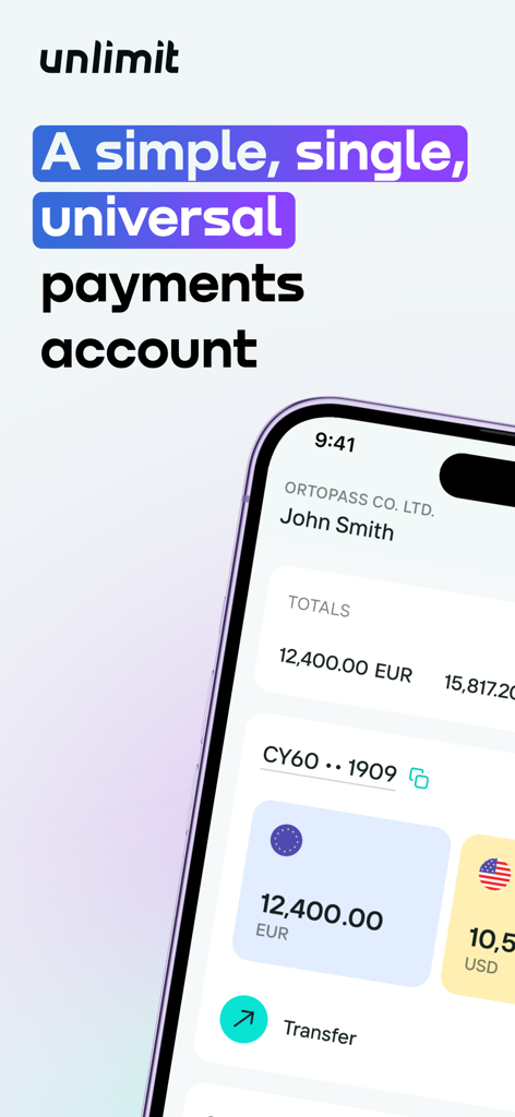 Unlimit - Aplicación móvil Unlimit mostrando saldos multidivisa y funciones de pago global