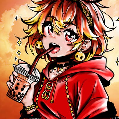 hot baddie anime girl drinking boba and biting the straw