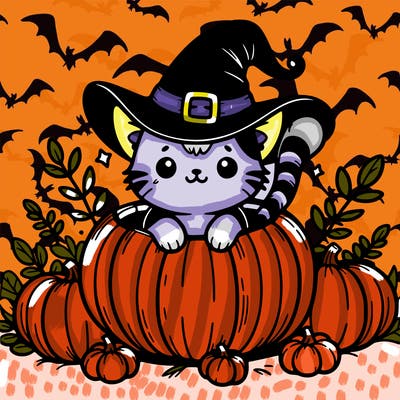 cat in a pumpkin with witch hat