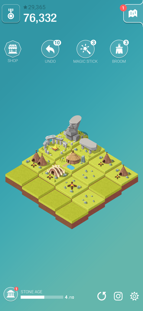 Age of 2048 puzzle game interface showing Stone Age buildings on an isometric grid