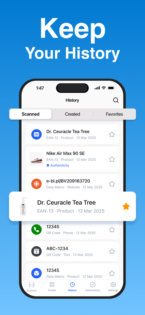 QR Code Reader ・Generator - Interfaz de aplicación móvil que muestra un historial detallado de códigos de barras y códigos QR escaneados para productos minoristas y sitios web.