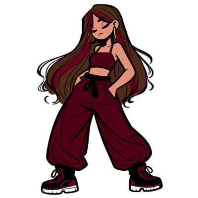 girl in baggy pants crop top and long hair