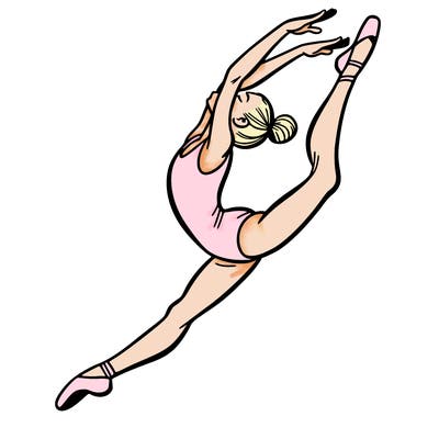 gymnast doing a leap in a leotard with a bent back leg