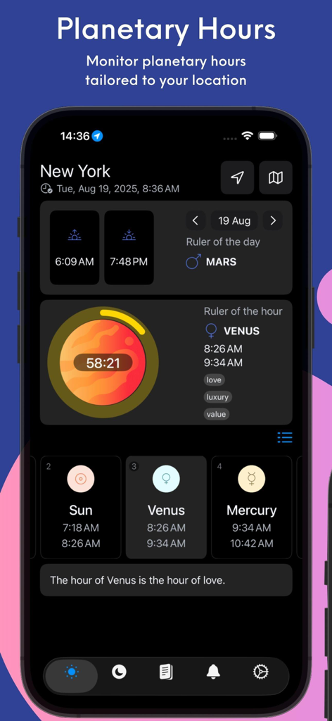 Planetary Hours by Planetaro - Oberfläche der Planetenstunden-App von Planetaro, die den aktuellen Planetenstunden-Herrscher und den Tagesablauf auf einem iPhone zeigt.