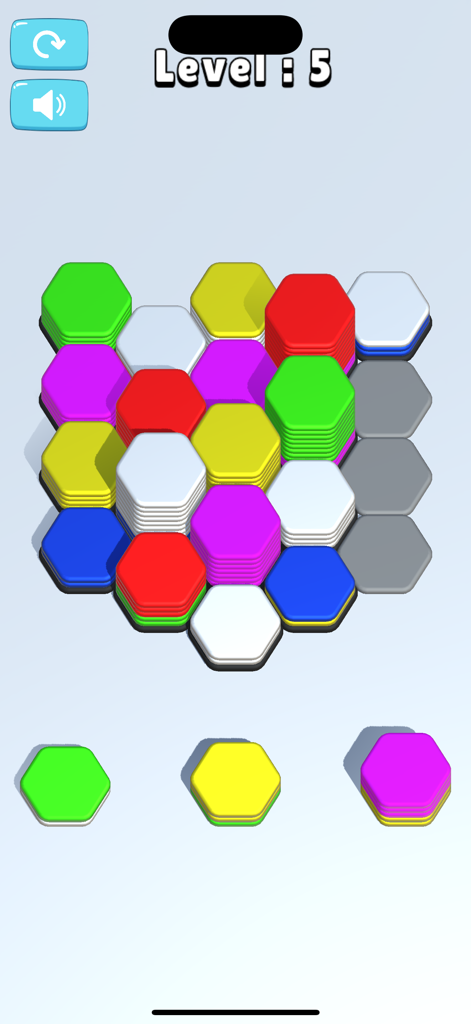 Hexa Sort Game - Hexagonal puzzle board with stacks of colorful tiles in the Hexa Sort Game interface.