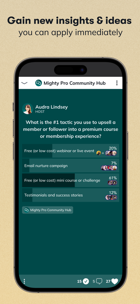 Mighty Pro - A poll within the Mighty Pro app showing community insights on upselling tactics for premium digital courses