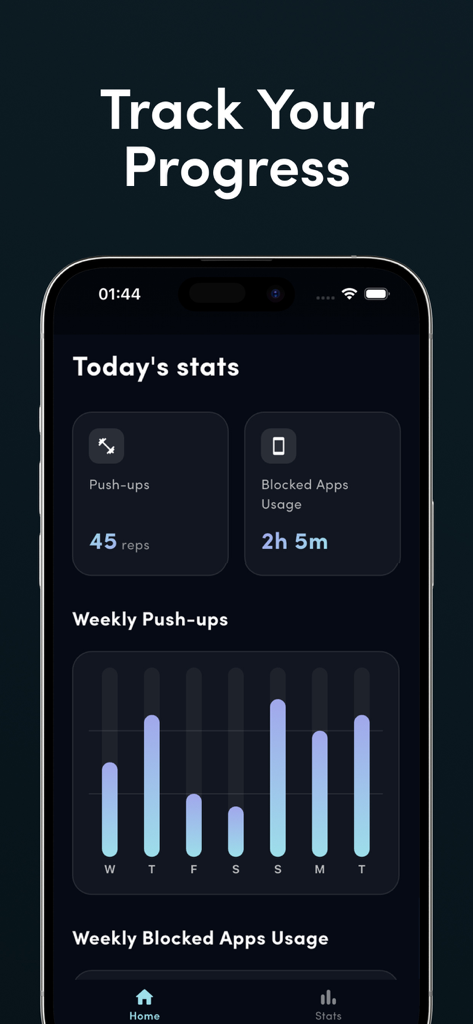 PushBlock app dashboard displaying daily pushup repetitions and blocked app usage time.