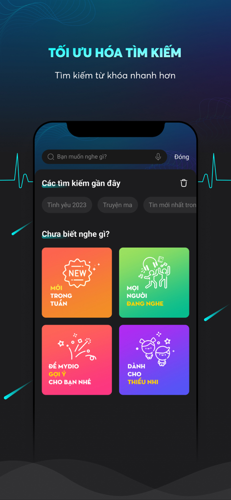 Mydio - Audiobook, truyện đọc - The search optimization screen of the Mydio app showcasing recent searches and content recommendations.
