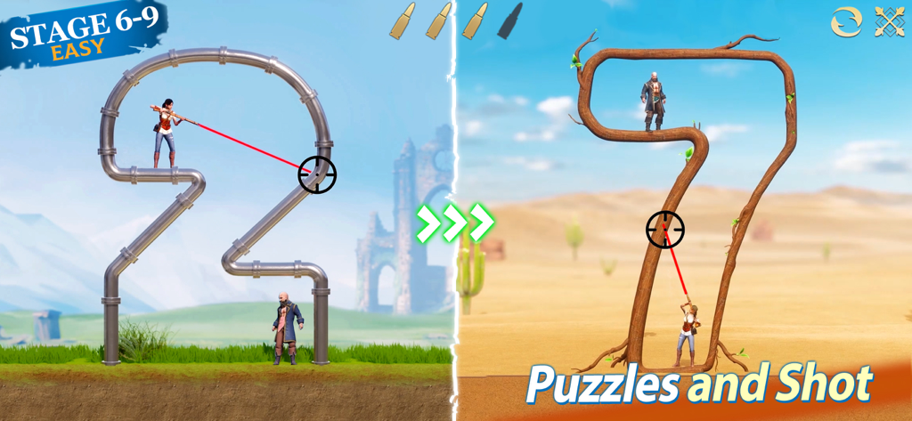 Two split-screen gameplay levels of Stormshot showing characters aiming at targets using physics-based bullet trajectories