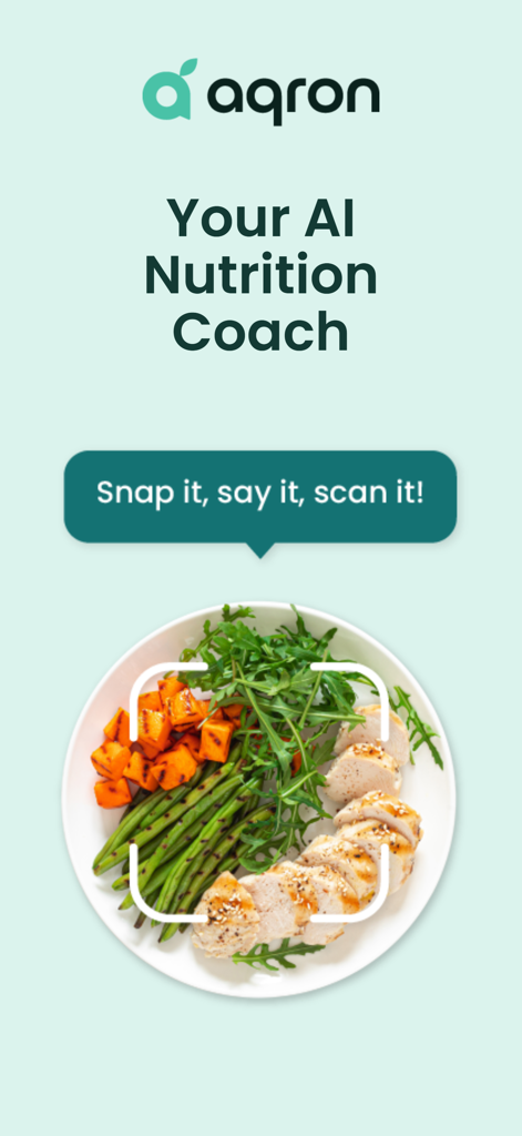aqron: AI Calorie Counter - Aqron AI Nutrition Coach screen demonstrating photo meal logging with a plate of healthy food
