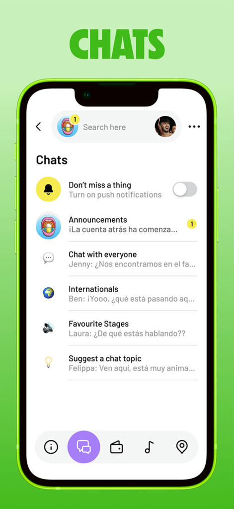 Arenal Sound Official - Pantalla de chat de la comunidad de la app del festival de música Arenal Sound mostrando varios canales de discusión