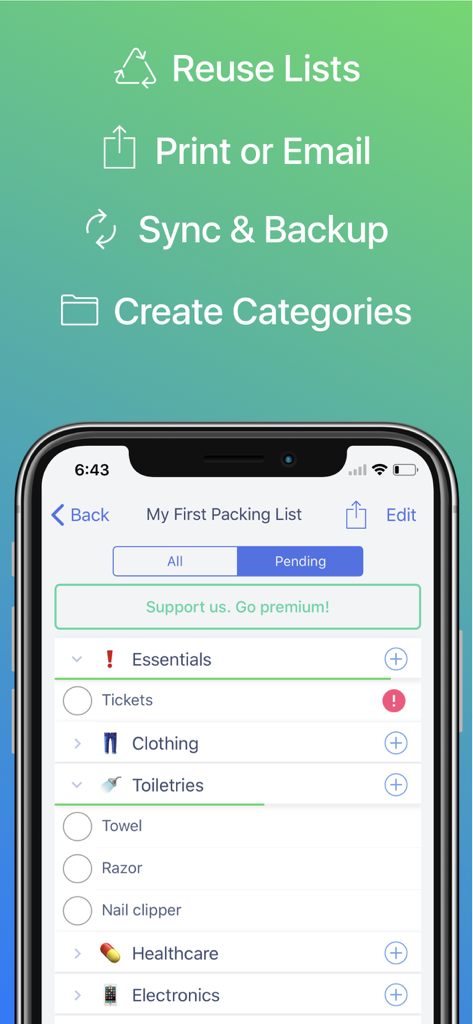 iPhone display of the Packing List Checklist app interface with travel categories and organizational features.