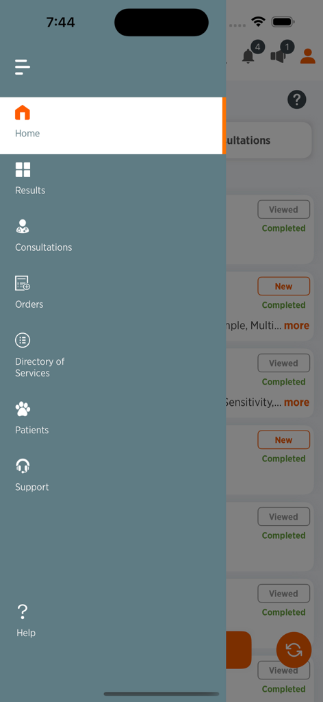 ZoetisDx - Sidebar navigation menu of the ZoetisDx veterinary diagnostic app showing options for results, consultations, and patient records.